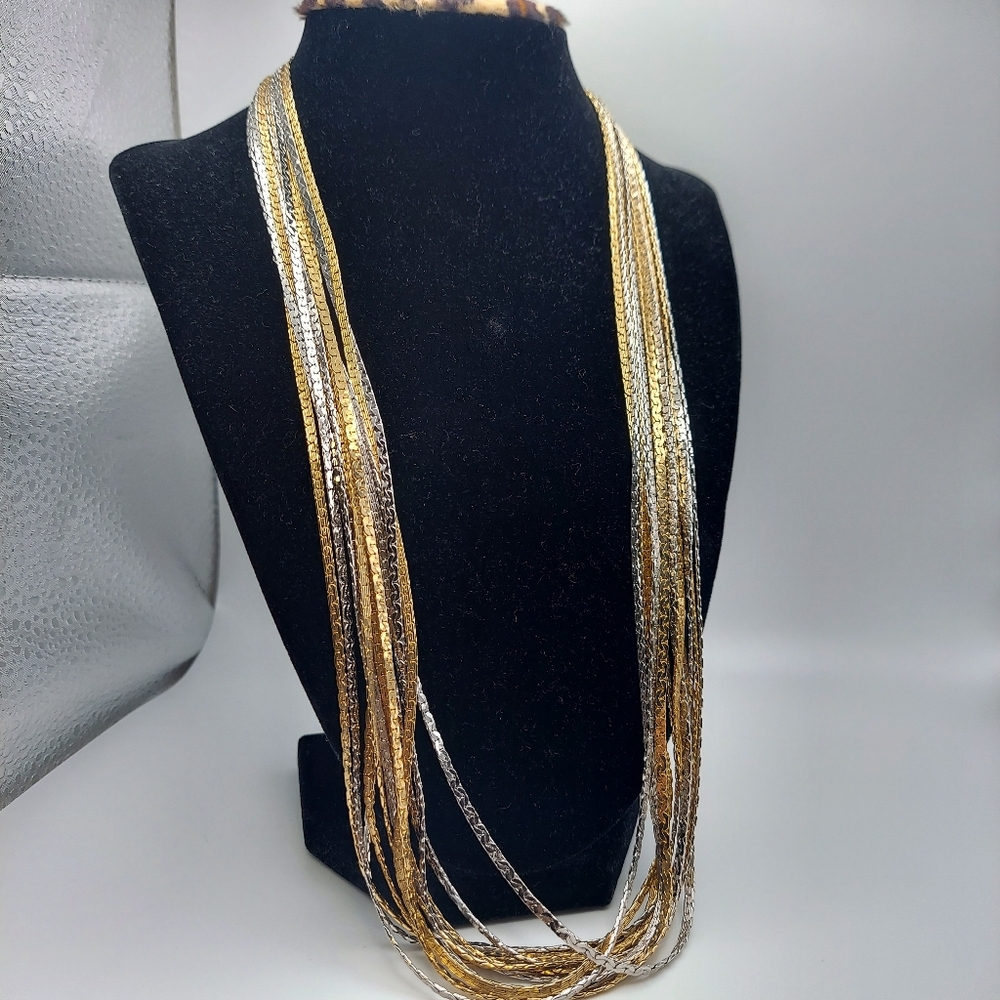 Vintage Multi Strand Goldtone Silvertone Necklace  w/stunning Clasp 11.5 VGC.